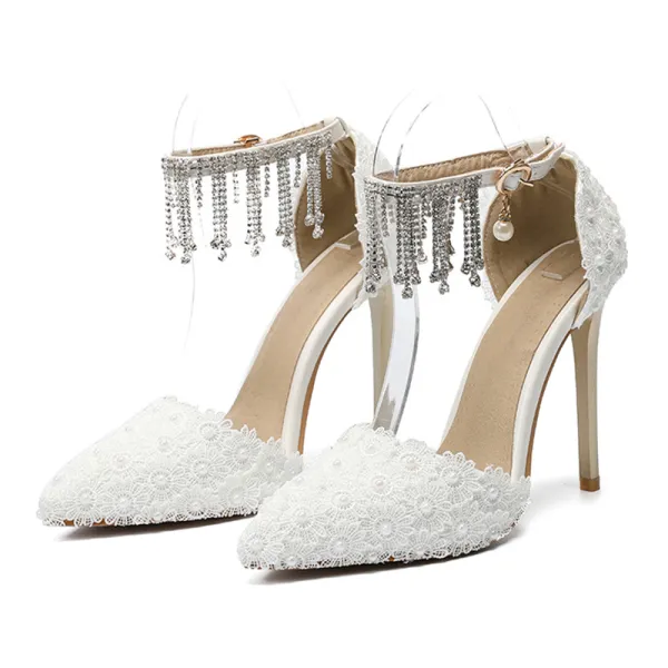 Elegant Ivory Lace Flower Wedding Shoes 2020 Rhinestone Tassel Ankle Strap Pearl 11 cm Stiletto Heels Pointed Toe Wedding Pumps