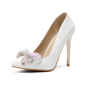 Fabuleux Ivoire Chaussure De Mariée 2020 Faux Diamant Noeud 11 Cm Talons Aiguilles À Bout Pointu Mariage Escarpins
