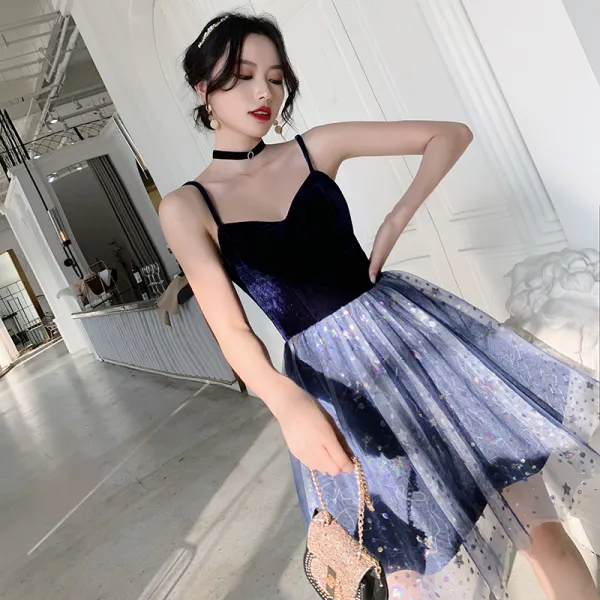 Sexy Navy Blue Suede Party Dresses 2021 A-Line / Princess Spaghetti Straps Star Sequins Sleeveless Backless Short Cocktail Party Evening Party Formal Dresses