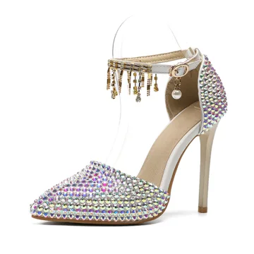Charmant Multi Couleurs Faux Diamant Chaussure De Mariée 2020 Bride Cheville 11 Cm Talons Aiguilles À Bout Pointu Mariage Talons