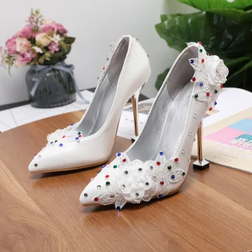 Élégant Ivoire Multi Couleurs Faux Diamant Chaussure De Mariée 2020 Appliques En Dentelle Fleur 9 Cm Talons Aiguilles À Bout Pointu Mariage Escarpins