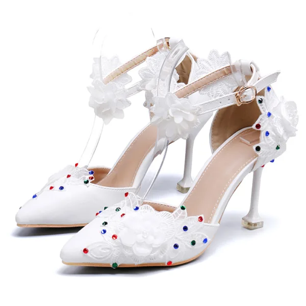 Chic / Belle Ivoire Promo Chaussures Femmes 2020 En Dentelle Fleur Appliques Faux Diamant Bride Cheville 6 cm Talons Aiguilles À Bout Pointu Talons