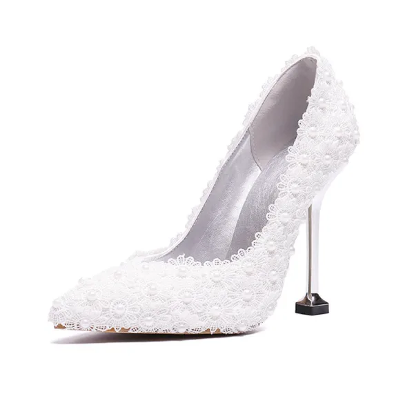 Chic Ivoire En Dentelle Fleur Chaussure De Mariée 2020 Perle 9 cm Talons Aiguilles À Bout Pointu Mariage Escarpins