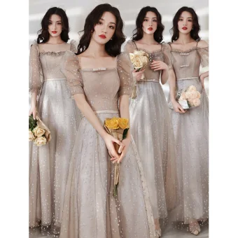 Elegant Grey Lace Star Bridesmaid Dresses 2021 A Line Princess Square Neckline Bow Short Sleeve Backless Floor Length Long Bridesmaid Wedding Party Dresses