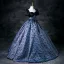 Vintage / Retro Navy Blue Printing Prom Dresses 2025 Ball Gown Square Neckline Puffy Short Sleeve Bow Sash Backless Floor-Length / Long Prom Formal Dresses
