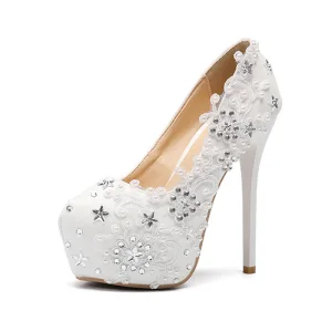 Fashion Ivory Wedding Shoes 2020 Rhinestone Lace Flower 14 Cm Stiletto Heels Round Toe Wedding Pumps