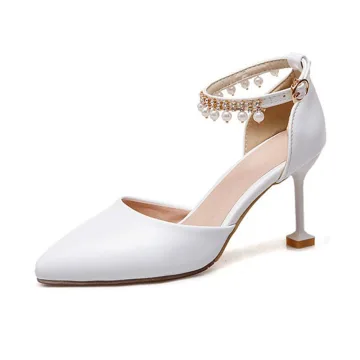Chic Beautiful Ivory Cocktail Party Womens Shoes 2020 Pearl Rhinestone Ankle Strap 6 Cm Stiletto Heels Pointed Toe High Heels