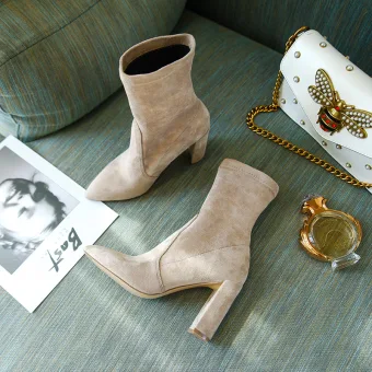 High End Beige Winter Street Wear Leather Womens Boots 2020 Suede 9 Cm Thick Heels Pointed Toe Boots