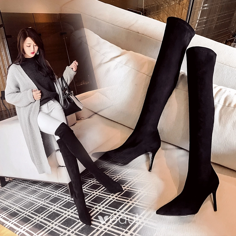 High-end Black Street Wear Suede Womens Boots 2020 Leather 8 cm Stiletto  Heels Pointed Toe Boots