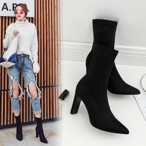 High End Eenvoudige Zwarte Straatkleding Dames Laarzen 2020 Leer Suede 8 Cm Naaldhakken Stiletto Spitse Neus Laarzen