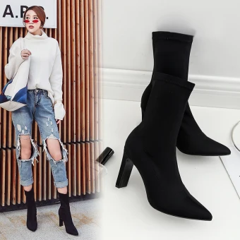 High End Modest Simple Black Street Wear Womens Boots 2020 Leather Suede 8 Cm Stiletto Heels Pointed Toe Boots