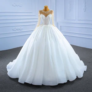 High End Eleganta Vita Rhinestone Bröllopsklänningar 2021 Balklänning Urringning Beading Paljetter Långärmad Chapel Train Bröllop