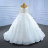 High-end Elegant White Rhinestone Wedding Dresses 2021 Ball Gown Scoop Neck Beading Sequins Long Sleeve Chapel Train Wedding