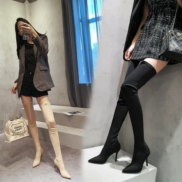 Mode Noire Vêtement de rue Hiver Bottes Femme 2020 9 cm Talons Aiguilles À Bout Pointu Bottes