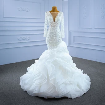 Haut De Gamme Ivoire Fait Main Perlage Perle Robe De Mariée 2021 Trompette Sirène Volants En Cascade Encolure Dégagée Manches Longues Chapel Train Mariage