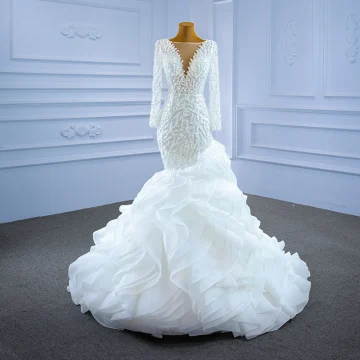 Haut De Gamme Ivoire Fait Main Perlage Perle Robe De Mariée 2021 Trompette Sirène Volants En Cascade Encolure Dégagée Manches Longues Chapel Train Mariage
