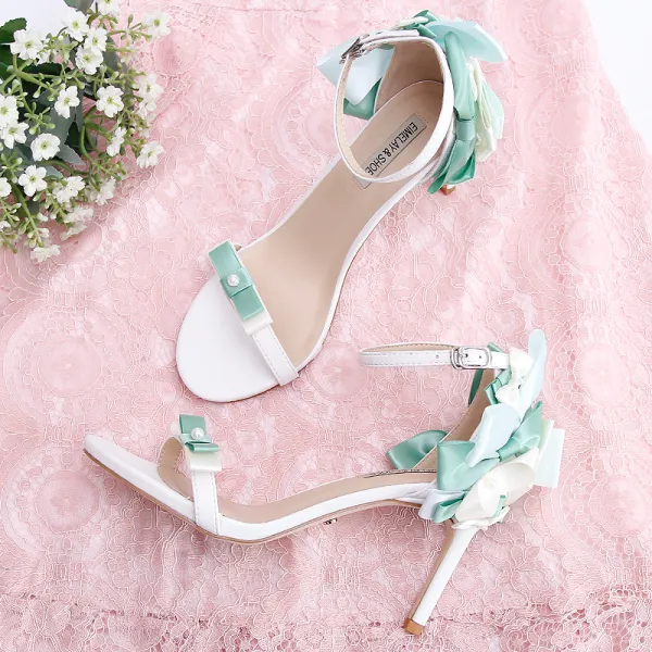 Lovely Mint Green Dating Pearl Bow Womens Sandals 2020 9 cm Stiletto Heels Open / Peep Toe Sandals