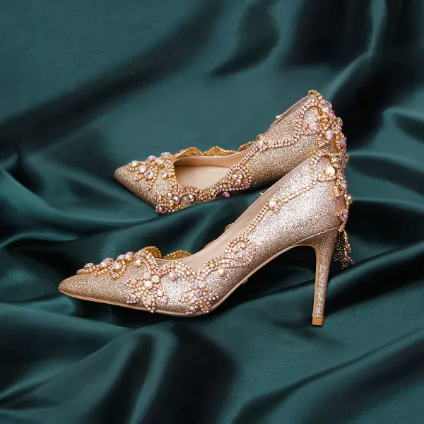 Sparkly Champagne Rhinestone Wedding Shoes 2020 Leather Glitter Sequins 9 cm Stiletto Heels Pointed Toe Wedding Pumps