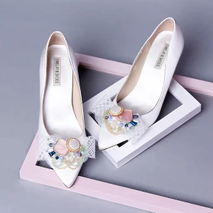Chic Beautiful Ivory Dating Crystal Pumps 2020 Leather Bow 9 Cm Stiletto Heels Pointed Toe Pumps