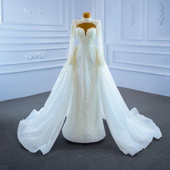 Haut De Gamme Luxe Ivoire Fait Main Perlage Perle Paillettes Robe De Mariée 2021 Trompette Sirène Col Haut Manches Longues Tribunal Train Mariage