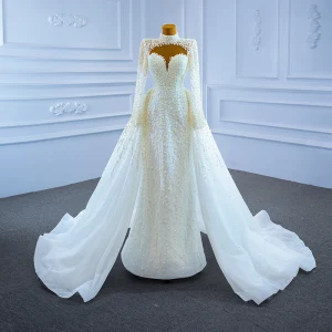 High End Luxury Gorgeous Ivory Handmade Beading Pearl Sequins Wedding Dresses 2021 Trumpet Mermaid High Neck Long Sleeve Court Train Wedding