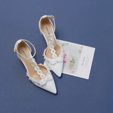 Élégant Ivoire Perle Chaussure De Mariée 2020 Bride Cheville Noeud 9 Cm Talons Aiguilles À Bout Pointu Mariage Talons