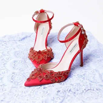 Chinese Style Red Rhinestone Wedding Shoes 2020 Satin Ankle Strap 9 Cm Stiletto Heels Pointed Toe Wedding Heels