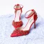 Style Chinois Rouge Faux Diamant Chaussure De Mariée 2020 Satin Bride Cheville 9 cm Talons Aiguilles À Bout Pointu Mariage Talons