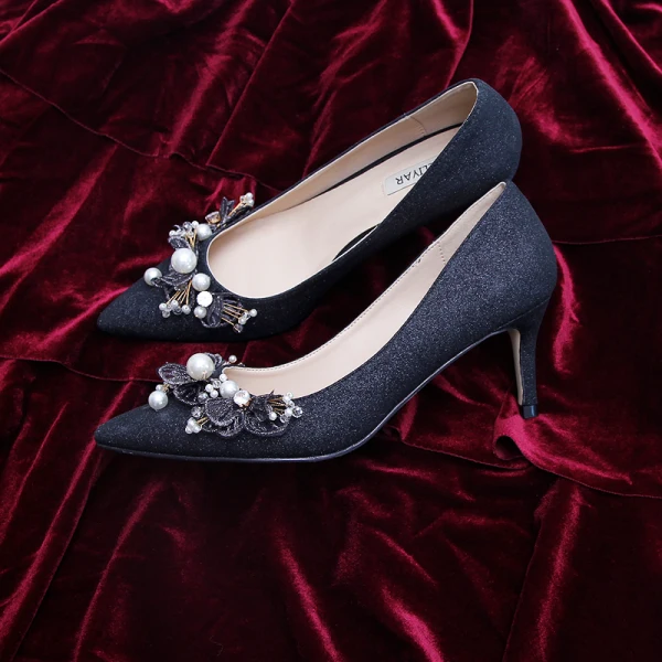 Elegant Black Cocktail Party Leather Glitter Pumps 2020 Pearl Lace Flower 7 cm Stiletto Heels Pointed Toe Pumps