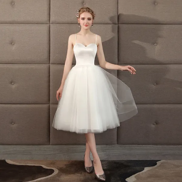 Affordable Ivory Wedding Dresses 2018 A-Line / Princess Charmeuse Spaghetti Straps Backless Sleeveless Knee-Length Wedding