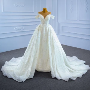 Illusion High End Ivory Beading Pearl Wedding Dresses 2021 A Line Princess Scoop Neck Glitter Sleeveless Sequins Cathedral Train Wedding