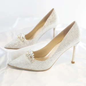 Sparkly Charming Ivory Wedding Shoes 2020 Leather Sequins Crystal Rhinestone 8 Cm Stiletto Heels Pointed Toe Wedding Pumps