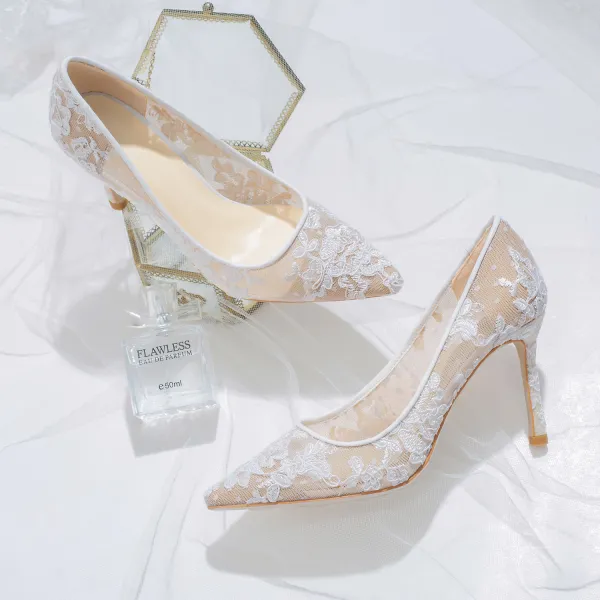 Chic / Beautiful Ivory Lace Flower Wedding Shoes 2020 Leather 8 cm Stiletto Heels Pointed Toe Pierced Wedding Pumps