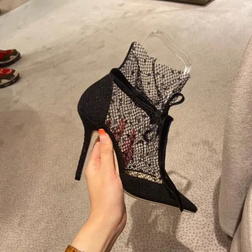Sexy Zwarte Straatkleding Kant Sandalen Dames 2020 Strik Enkelband 9 Cm Naaldhakken Stiletto Spitse Neus Pumps