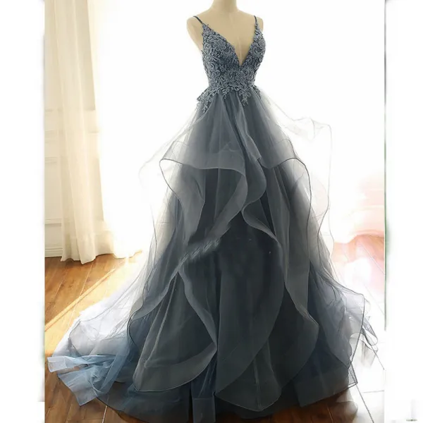 Charming Ocean Blue Prom Dresses 2020 A-Line / Princess Spaghetti Straps Beading Flower Lace Sleeveless Backless Cascading Ruffles Sweep Train Formal Dresses