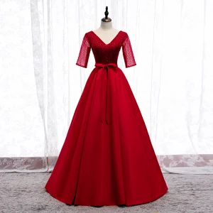 Élégant Rouge Robe De Bal 2020 Princesse V Cou Noeud Perlage Paillettes 1 2 Manches Dos Nu Longue Robe De Ceremonie