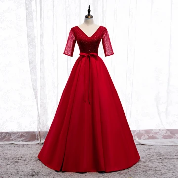 Élégant Rouge Robe De Bal 2020 Princesse V Cou Noeud Perlage Paillettes 1 2 Manches Dos Nu Longue Robe De Ceremonie