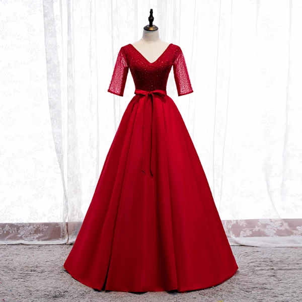 Élégant Rouge Robe De Bal 2020 Princesse V-Cou Noeud Perlage Paillettes 1/2 Manches Dos Nu Longue Robe De Ceremonie
