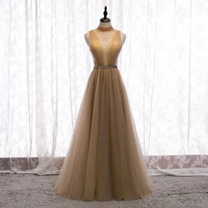 Charmant Champagne Robe De Soirée 2020 Princesse Col Haut Perlage Cristal Sans Manches Dos Nu Longue Robe De Ceremonie