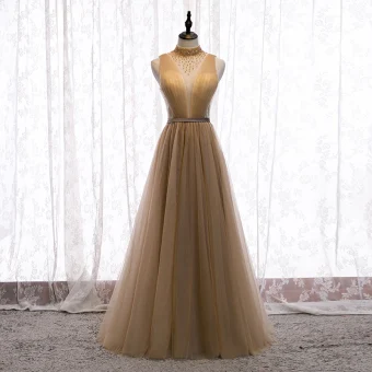 Charming Champagne Evening Dresses 2020 A Line Princess High Neck Beading Crystal Sleeveless Backless Floor Length Long Formal Dresses
