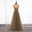 Charming Champagne Evening Dresses  2020 A-Line / Princess High Neck Beading Crystal Sleeveless Backless Floor-Length / Long Formal Dresses