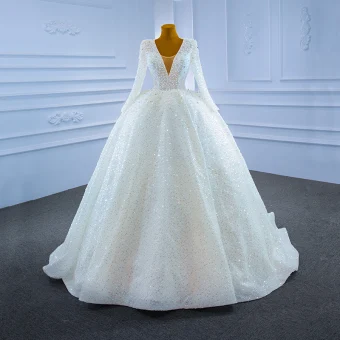 Haut De Gamme Scintillantes Ivoire Perle Robe De Mariée 2021 Robe Boule Fait Main Perlage Faux Diamant Paillettes V Cou Manches Longues Tribunal Train Mariage