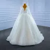 High-end Sparkly Ivory Pearl Wedding Dresses 2021 Ball Gown Handmade  Beading Rhinestone Sequins V-Neck Long Sleeve Court Train Wedding