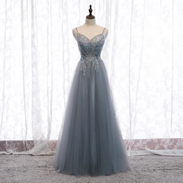 Charming Grey Evening Dresses 2020 A Line Princess Spaghetti Straps Beading Crystal Sequins Sleeveless Backless Floor Length Long Formal Dresses