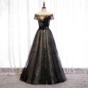Elegant Black Evening Dresses 2020 A Line Princess Off The Shoulder Beading Crystal Sequins Lace Flower Short Sleeve Backless Floor Length Long Formal Dresses