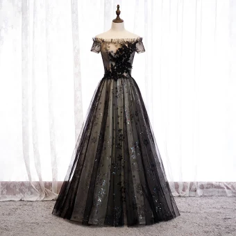 Elegant Black Evening Dresses 2020 A Line Princess Off The Shoulder Beading Crystal Sequins Lace Flower Short Sleeve Backless Floor Length Long Formal Dresses