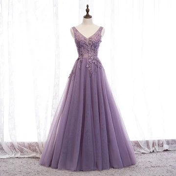 Chic Violet Robe De Soirée 2020 Princesse V Cou Perlage En Dentelle Fleur Sans Manches Dos Nu Longue Robe De Ceremonie