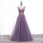 Classy Purple Evening Dresses  2020 A-Line / Princess V-Neck Beading Lace Flower Sleeveless Backless Floor-Length / Long Formal Dresses