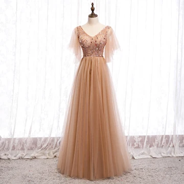 Charming Champagne Evening Dresses 2020 A Line Princess V Neck Beading Sequins Short Sleeve Backless Floor Length Long Formal Dresses