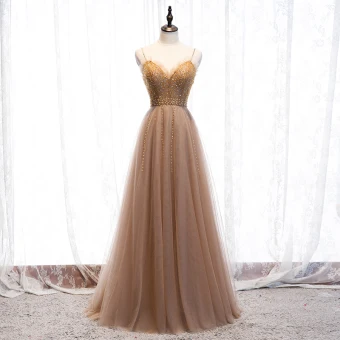 Fashion Champagne Evening Dresses 2020 A Line Princess Scoop Neck Beading Crystal Rhinestone Sleeveless Backless Floor Length Long Formal Dresses